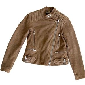 All Saints Biker Goat Leather Jacket Brown 4 Small Moto Motorcycle Distressed